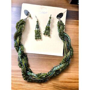 Esmor Dark Forest Green Twisted Multi Style Beaded Necklace & Matching Earrings